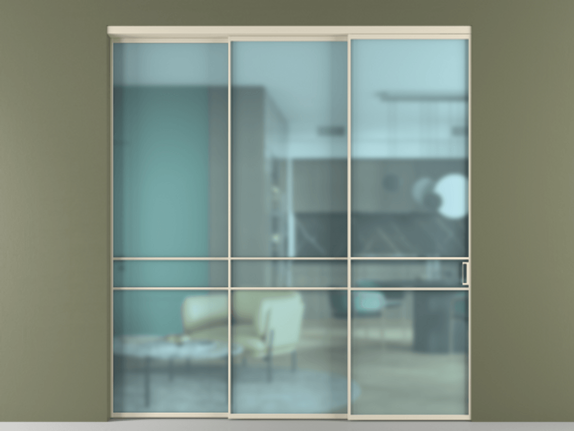 Перегородка Formato внутри проёма 3 створки с синхронным механизмом АЛПР 040.02 Алюминий бежево-серый Сатинированное голубое стекло, триплекс Цена 79088800 so'm  | Volhovec