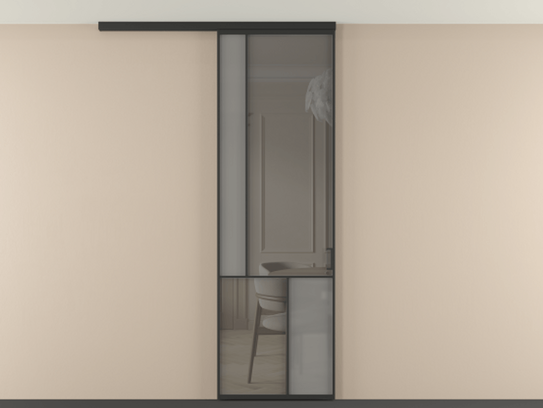 Перегородка Мозаик вдоль стены на потолок 1 створка АЛПР 041.20 Алюминий Черный Сатинированное серое стекло, триплекс, 6 мм + Прозрачное серое стекло, триплекс Цена 188640 сом | Volhovec