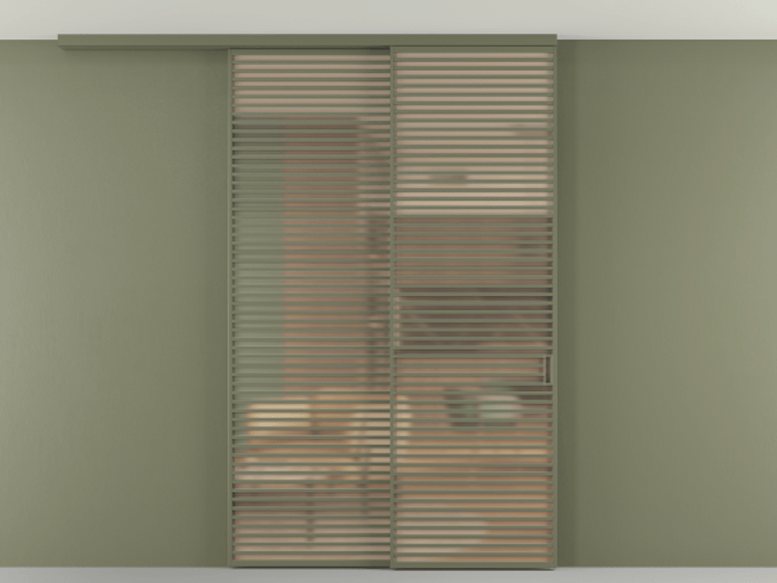 Перегородка Формато вдоль стены на потолок 2 створки с синхронным механизмом АЛПР 040.07 Алюминий оливковый тёмный Сатинированное оранжевое стекло, триплекс Цена 655860 сом | Volhovec