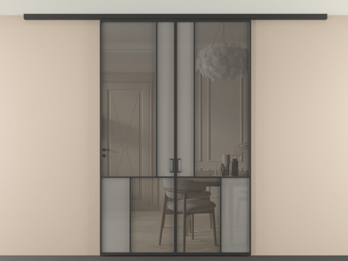 Перегородка Mosaic вдоль стены на потолок 2 створки АЛПР 041.20 Алюминий Черный Сатинированное серое стекло, триплекс, 6 мм + Прозрачное серое стекло, триплекс Цена 367380 сом | Volhovec