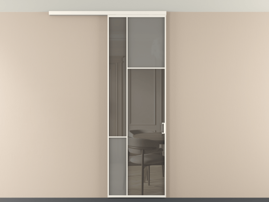 Перегородка Мозаик вдоль стены на потолок 1 створка АЛПР 041.11 Алюминий пудровый белый Сатинированное серое стекло, триплекс, 6 мм + Прозрачное серое стекло, триплекс Цена 196620 сом | Volhovec