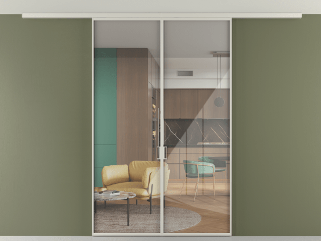 Перегородка Формато вдоль стены на потолок 2 створки АЛПР 040.01 Алюминий тёплый серый Рефлективное прозрачное стекло "Стопсол", калёное Цена 337850 сом | Volhovec