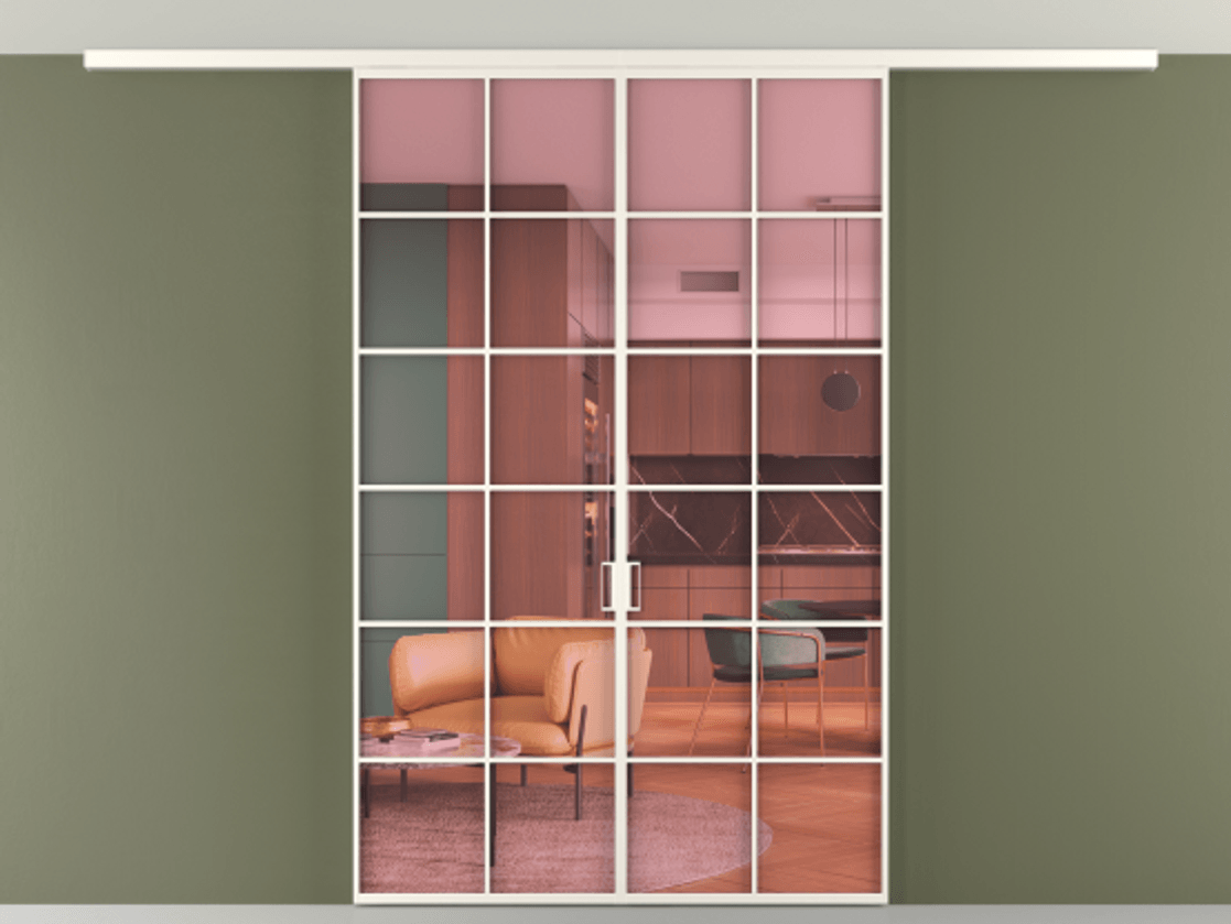 Перегородка Формато вдоль стены на потолок 2 створки АЛПР 040.05 Алюминий пудровый белый Прозрачное розовое стекло, триплекс Цена 290450 сом | Volhovec