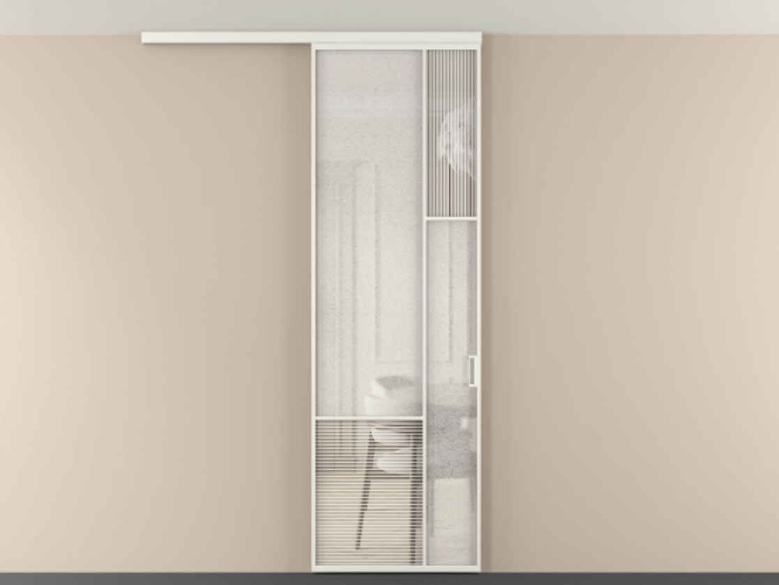 Перегородка Мозаик вдоль стены на потолок 1 створка АЛПР 041.12 Алюминий светло-серый Рифлёное стекло "Дюна", триплекс, 6 мм + Фактурное стекло "Лёд", триплекс Цена 208270 сом | Volhovec