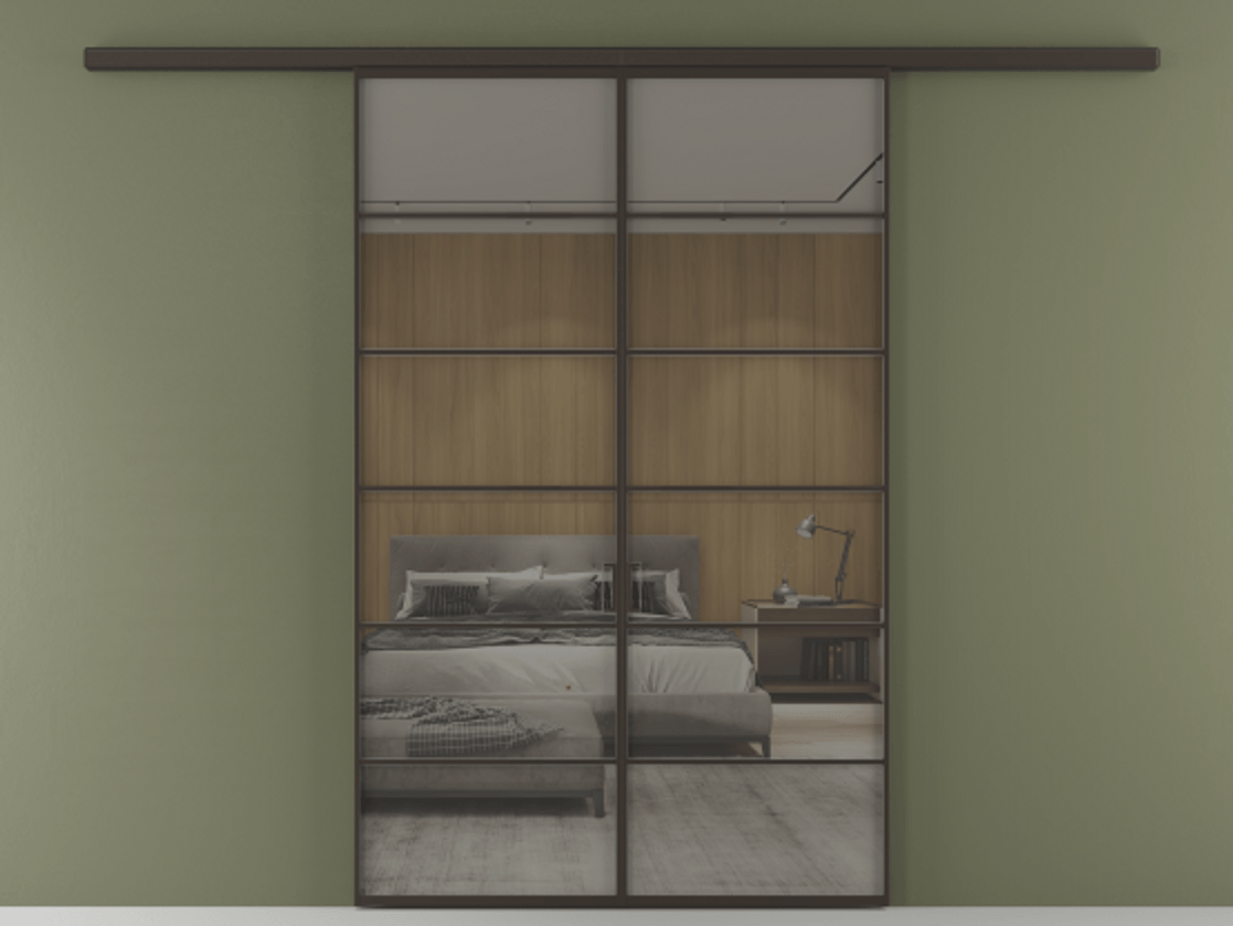 Перегородка Formato вдоль стены 2 створки АЛПР 040.04 Алюминий антрацит Рефлективное серое стекло "Stopsol", калёное Цена 385260 сом | Volhovec