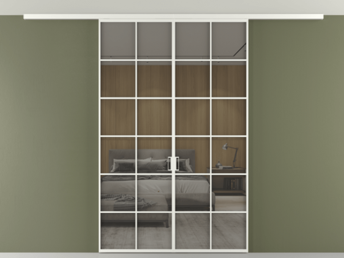 Перегородка Формато вдоль стены на потолок 2 створки АЛПР 040.05 Алюминий светло-серый Рефлективное серое стекло "Стопсол", калёное Цена 380130 сом | Volhovec