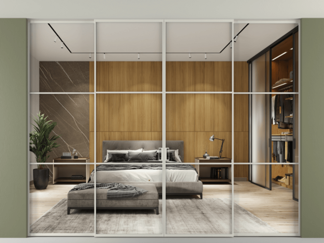 Перегородка Формато внутри проёма скрытое крепление в потолок 4 створки АЛПР 040.03 Алюминий тёплый серый Двустороннее зеркало, триплекс , триплекс 6 мм Цена 641410 сом | Volhovec