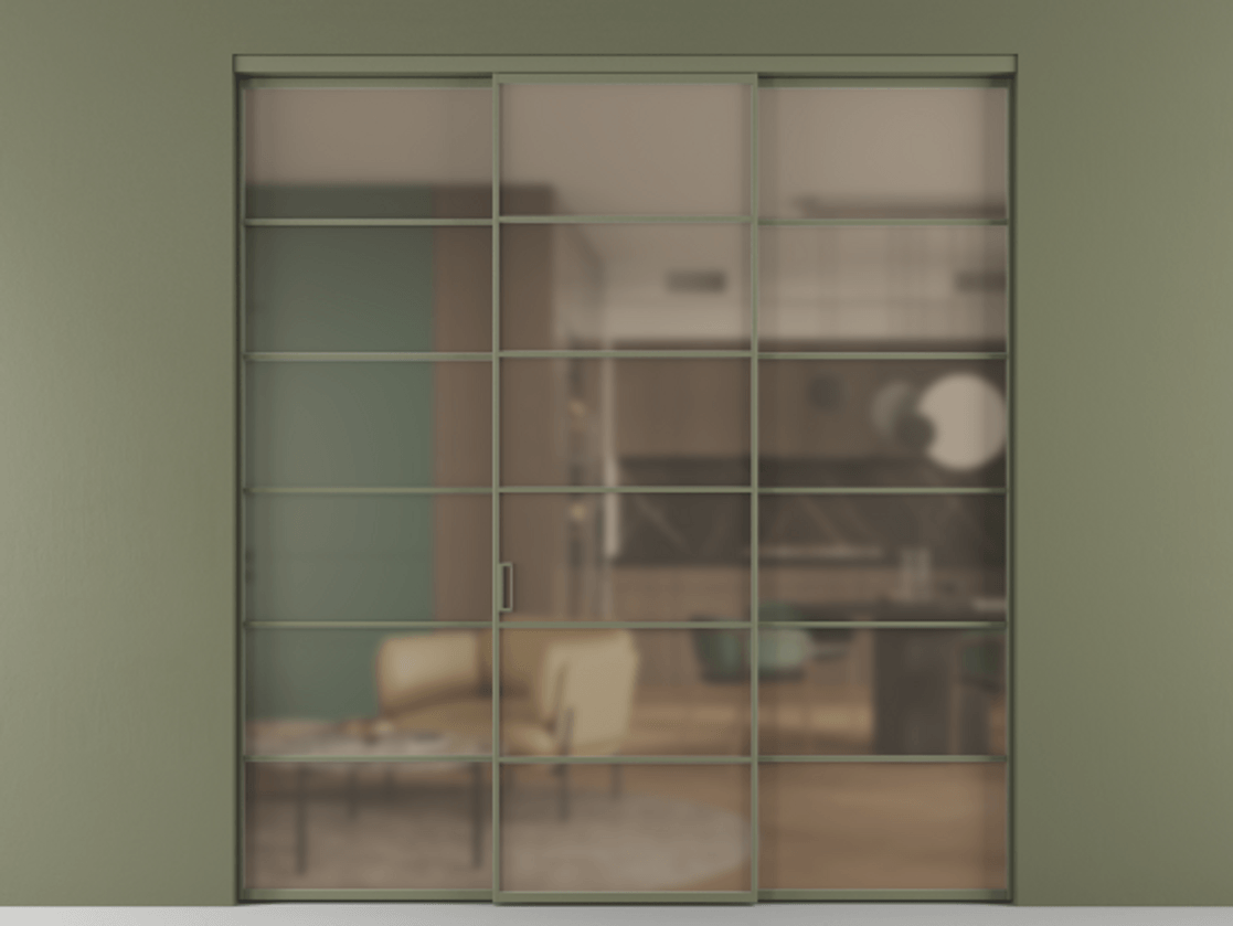 Перегородка Формато внутри проёма 3 створки АЛПР 040.04 Алюминий оливковый тёмный Сатинированное бронзовое стекло, триплекс Цена 371030 сом | Volhovec