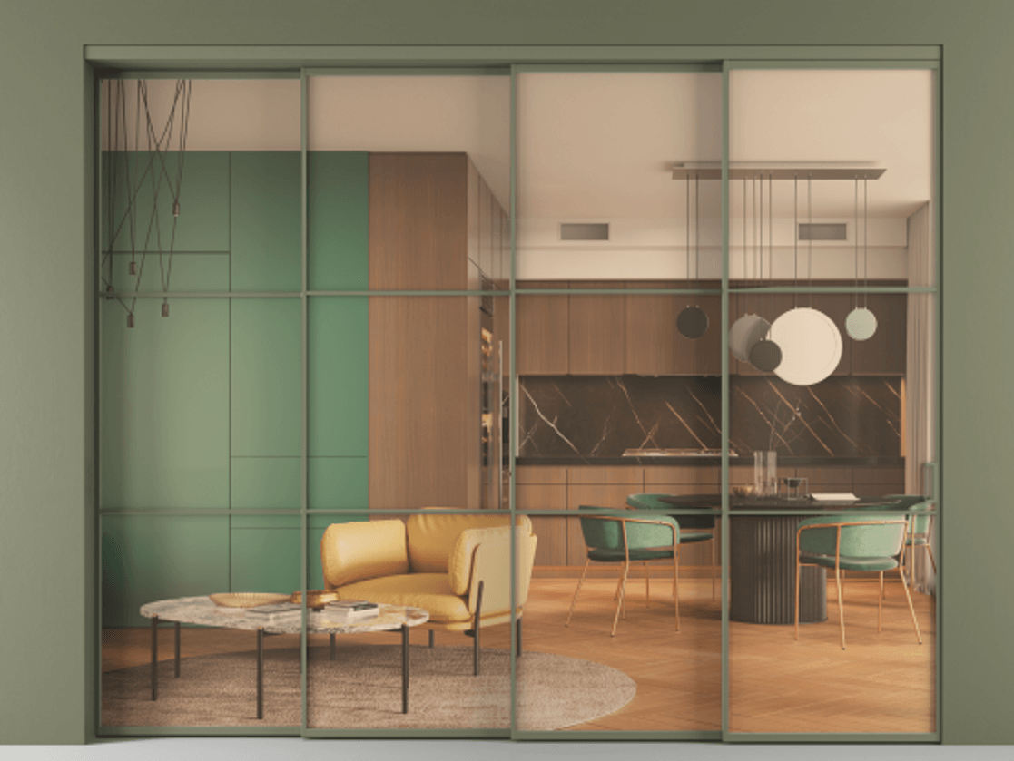 Перегородка Формато внутри проёма 4 створки с синхронным механизмом АЛПР 040.03 Алюминий оливковый тёмный Прозрачное оранжевое стекло, триплекс Цена 675180 сом | Volhovec