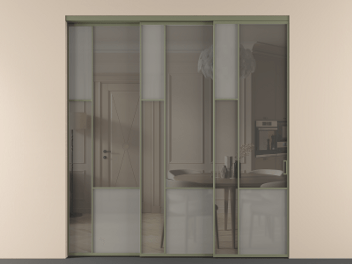 Перегородка Мозаик внутри проёма 3 створки с синхронным механизмом АЛПР 041.13 Алюминий оливковый тёмный Сатинированное серое стекло, триплекс, 6 мм + Прозрачное серое стекло, триплекс Цена 636840 сом | Volhovec