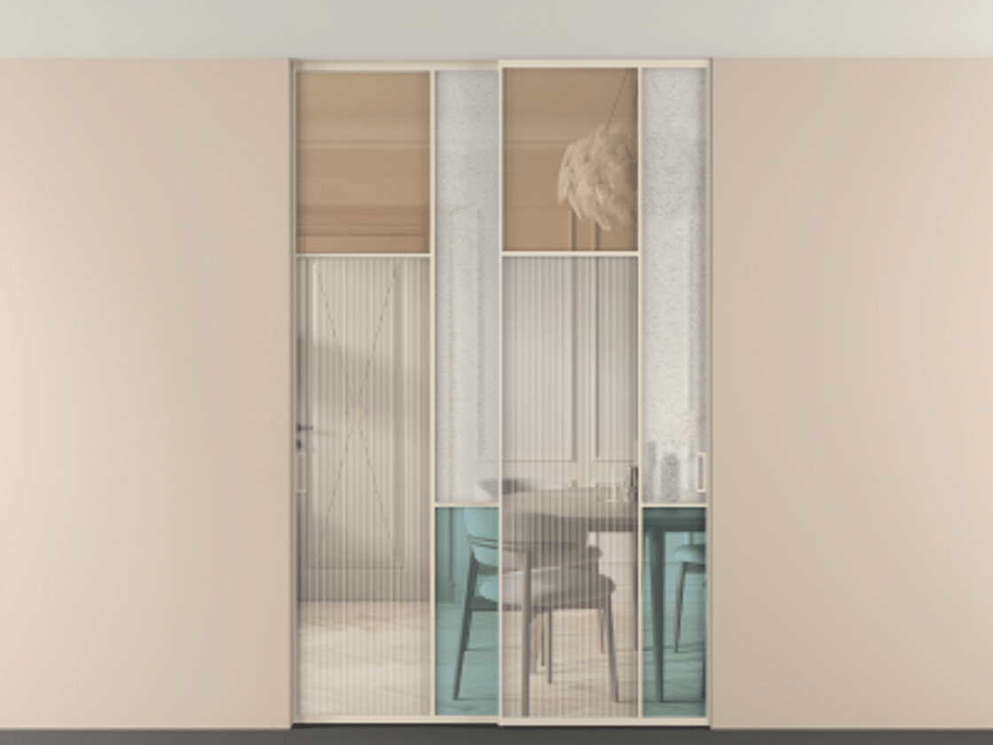 Перегородка Mosaic внутри проёма двустворчатая со скрытым креплением в потолок АЛПР 041.10 Алюминий бежево-серый Комбинация стекол Группы 1 и Группы 3 Цена 456050 сом | Volhovec