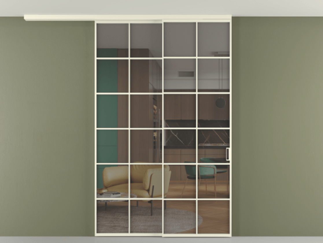 Перегородка Формато вдоль стены на потолок 2 створки с синхронным механизмом АЛПР 040.05 Алюминий молочно-белый Прозрачное серое стекло, триплекс Цена 424720 сом | Volhovec