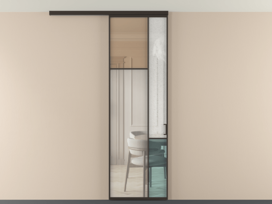 Перегородка Мозаик вдоль стены на потолок 1 створка АЛПР 041.10 Алюминий антрацит Комбинация стекол Группы 1 и Группы 3 Цена 205350 сом | Volhovec