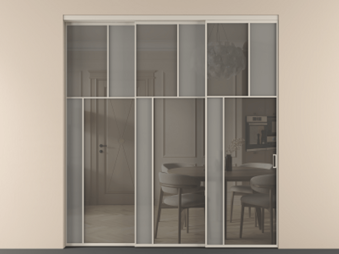 Перегородка Mosaic внутри проёма 3 створки с синхронным механизмом АЛПР 041.22 Алюминий светло-бежевый Сатинированное серое стекло, триплекс, 6 мм + Прозрачное серое стекло, триплекс. Цена 636840 сом . Фабрика дверей Волховец 8 (800) 551 43 19 Перегородка Mosaic внутри проёма 3 створки с синхронным механизмом АЛПР 041.22 Алюминий светло-бежевый Сатинированное серое стекло, триплекс, 6 мм + Прозрачное серое стекло, триплекс Цена 636840 сом | Volhovec