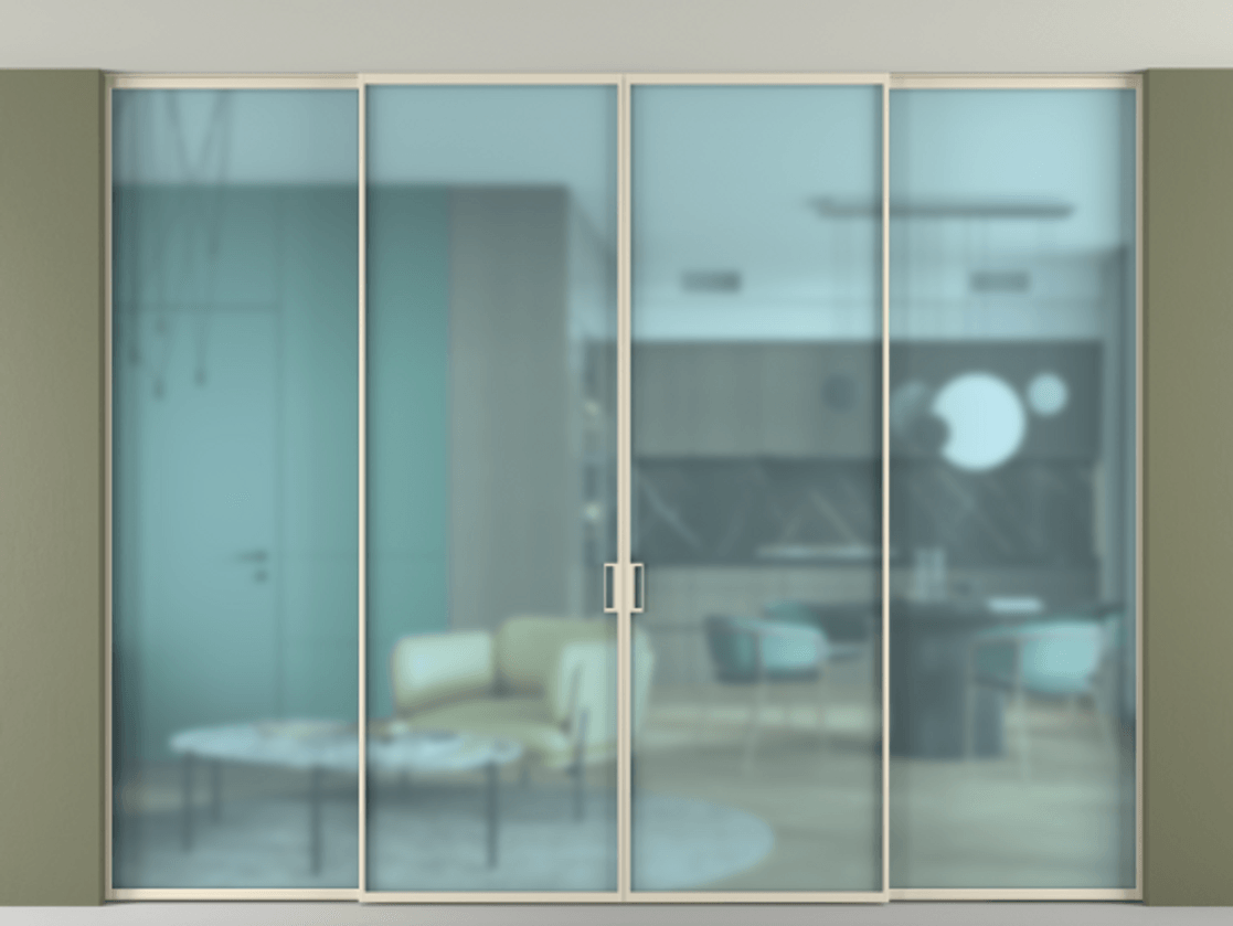 Межкомнатная дверь New Перегородка Formato внутри проёма четырёхстворчатая АЛПР 040.01 Алюминий бежево-серый Сатинированное голубое стекло, триплекс Цена 701470  | Volhovec