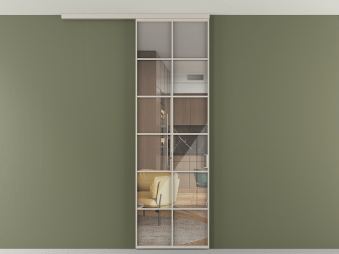 Перегородка Формато вдоль стены на потолок 1 створка АЛПР 040.05 Алюминий светло-бежевый Рефлективное прозрачное стекло "Стопсол", калёное Цена 166351 сом | Volhovec