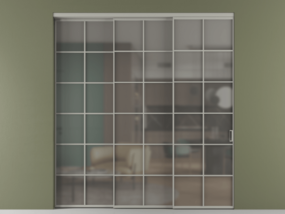 Перегородка Formato внутри проёма 3 створки с синхронным механизмом АЛПР 040.05 Алюминий нейтральный серый Сатинированное серое стекло, триплекс Цена 528910 сом  | Volhovec