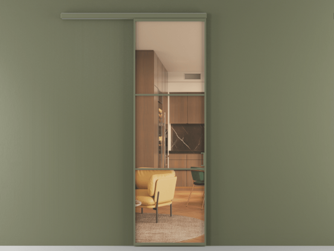 Перегородка Формато вдоль стены 1 створка АЛПР 040.03 Алюминий оливковый тёмный Прозрачное оранжевое стекло, триплекс Цена 154450 сом  | Volhovec