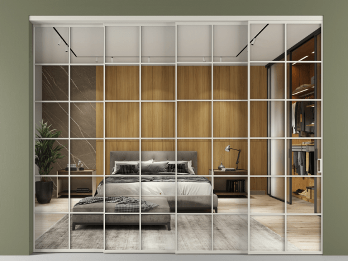 Перегородка Формато внутри проёма 4 створки с синхронным механизмом АЛПР 040.05 Алюминий тёплый серый Двустороннее зеркало, триплекс , триплекс 6 мм Цена 711520 сом | Volhovec