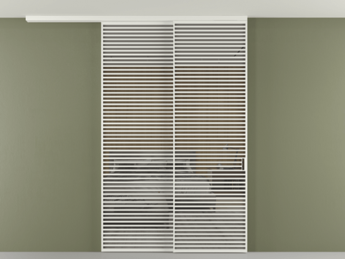 Перегородка Формато вдоль стены на потолок 2 створки с синхронным механизмом АЛПР 040.07 Алюминий светло-серый Рефлективное серое стекло "Стопсол", калёное Цена 790050 сом | Volhovec