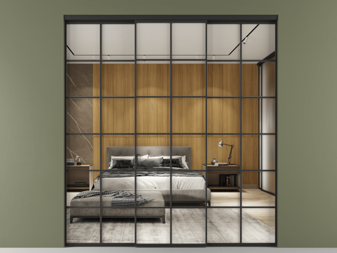 Перегородка Formato внутри проёма 3 створки АЛПР 040.05 Алюминий Черный Двустороннее зеркало, триплекс , триплекс 6 мм Цена 356170 сом | Volhovec