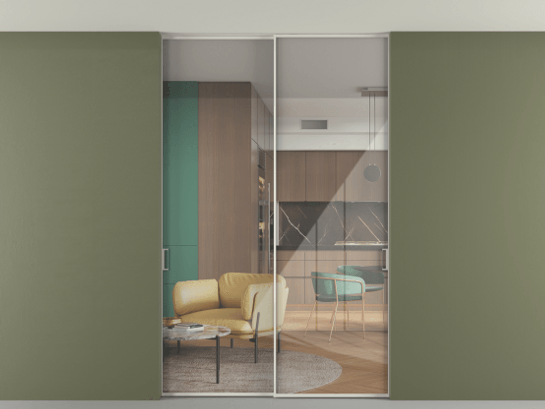 Перегородка Формато внутри проёма скрытое крепление в потолок 2 створки АЛПР 040.01 Алюминий Белый Рефлективное прозрачное стекло "Стопсол", калёное Цена 416650 сом | Volhovec