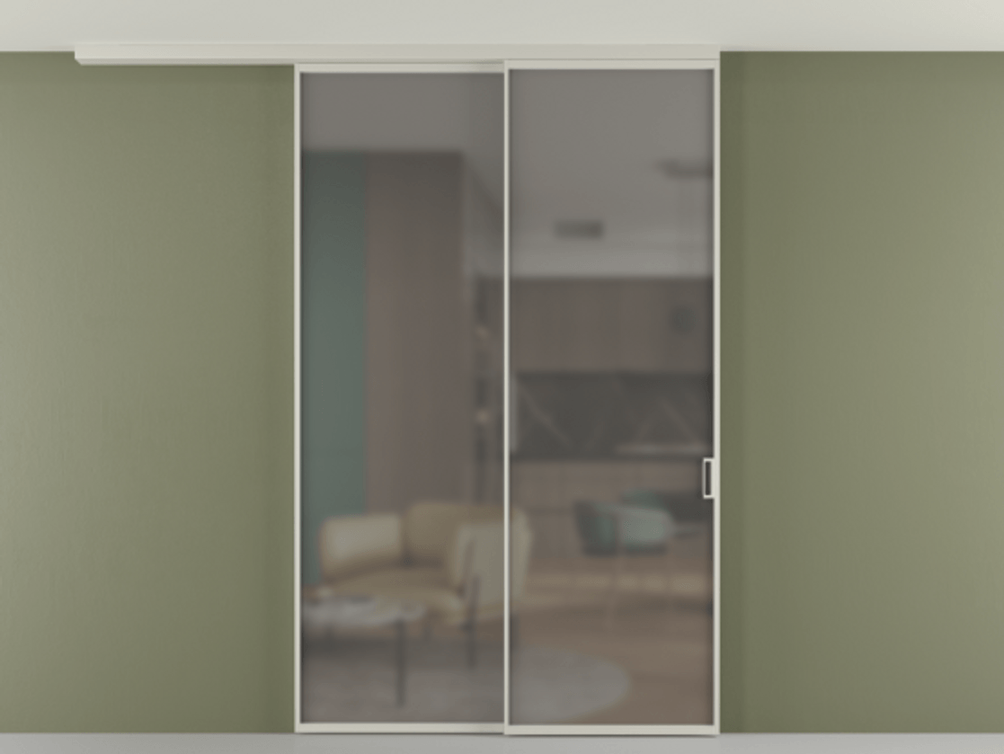 Перегородка Формато вдоль стены на потолок 2 створки с синхронным механизмом АЛПР 040.01 Алюминий тёплый серый Сатинированное серое стекло, триплекс Цена 435550 сом | Volhovec