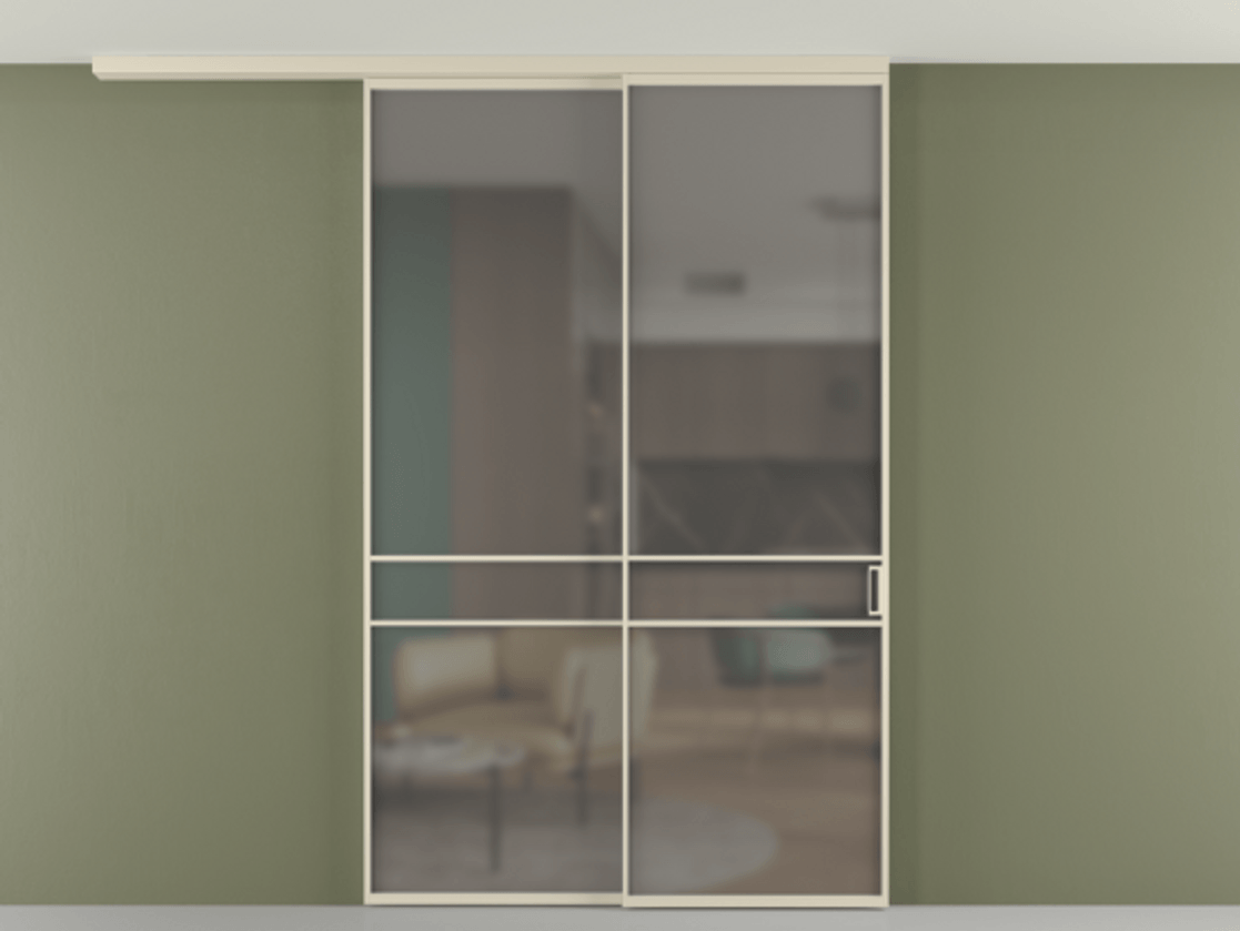 Перегородка Формато вдоль стены на потолок 2 створки с синхронным механизмом АЛПР 040.02 Алюминий бежево-серый Сатинированное серое стекло, триплекс Цена 452850 сом | Volhovec