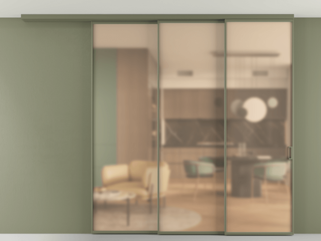 Перегородка Формато вдоль стены на потолок 3 створки с синхронным механизмом АЛПР 040.01 Алюминий оливковый тёмный Сатинированное оранжевое стекло, триплекс Цена 556350 сом | Volhovec