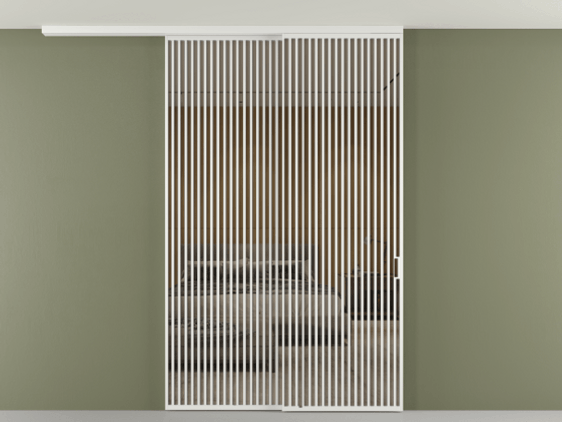 Перегородка Формато вдоль стены на потолок 2 створки с синхронным механизмом АЛПР 040.06 Алюминий белоснежный Рефлективное бронзовое стекло "Стопсол", калёное Цена 674501 сом | Volhovec