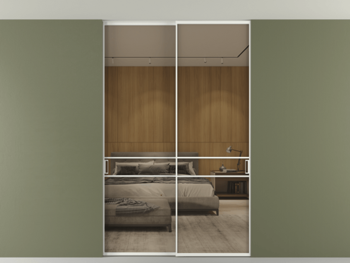 Перегородка Formato внутри проёма скрытое крепление в потолок 2 створки АЛПР 040.02 Алюминий светло-серый Рефлективное бронзовое стекло "Стопсол", калёное Цена 444840 сом | Volhovec