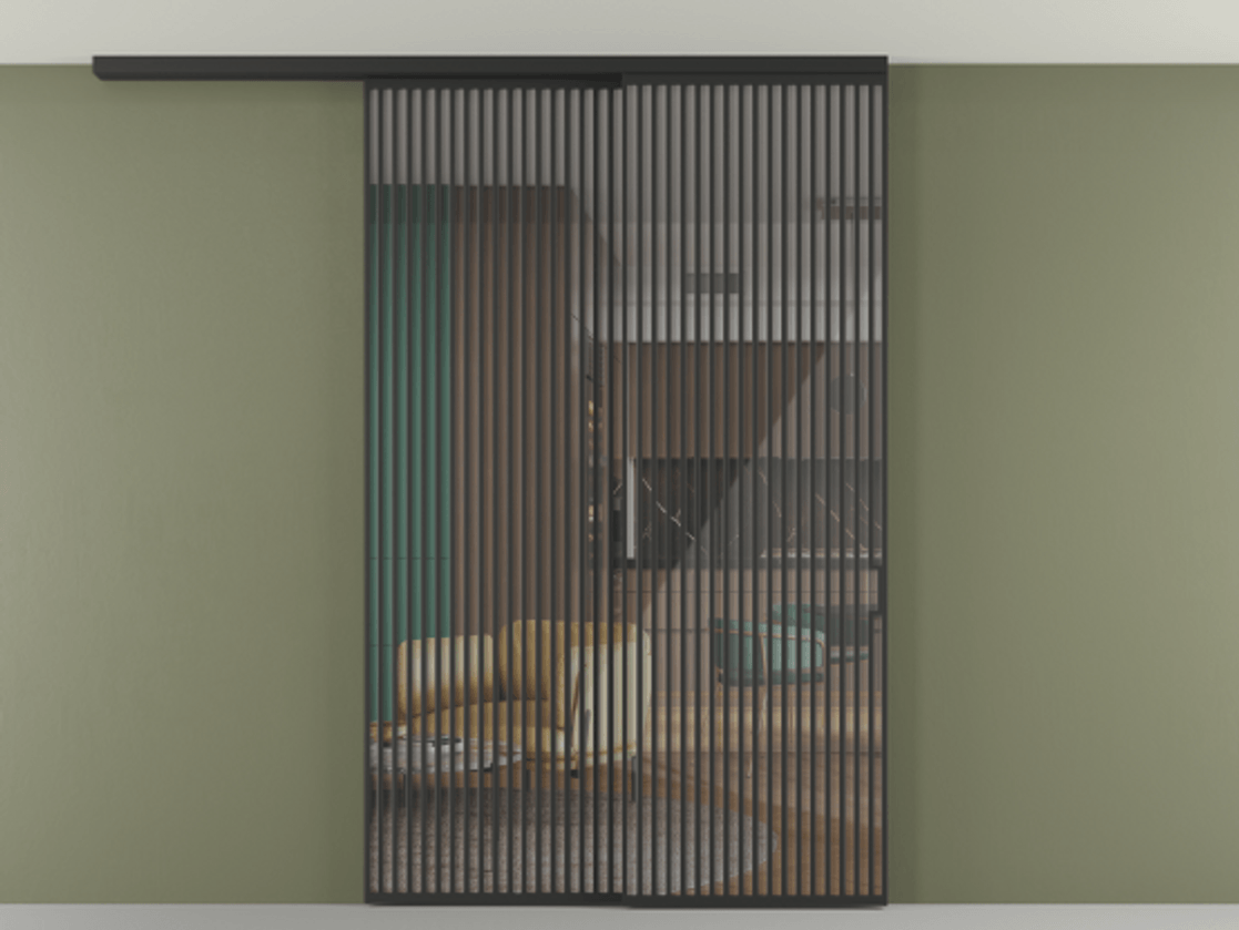 Перегородка Формато вдоль стены на потолок 2 створки с синхронным механизмом АЛПР 040.06 Алюминий Черный Рефлективное прозрачное стекло "Стопсол", калёное Цена 753280 сом | Volhovec