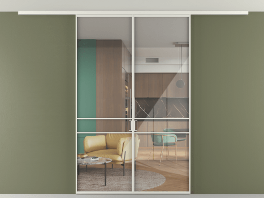 Перегородка Формато вдоль стены на потолок 2 створки АЛПР 040.02 Алюминий серый Рефлективное прозрачное стекло "Стопсол", калёное Цена 302380 сом | Volhovec