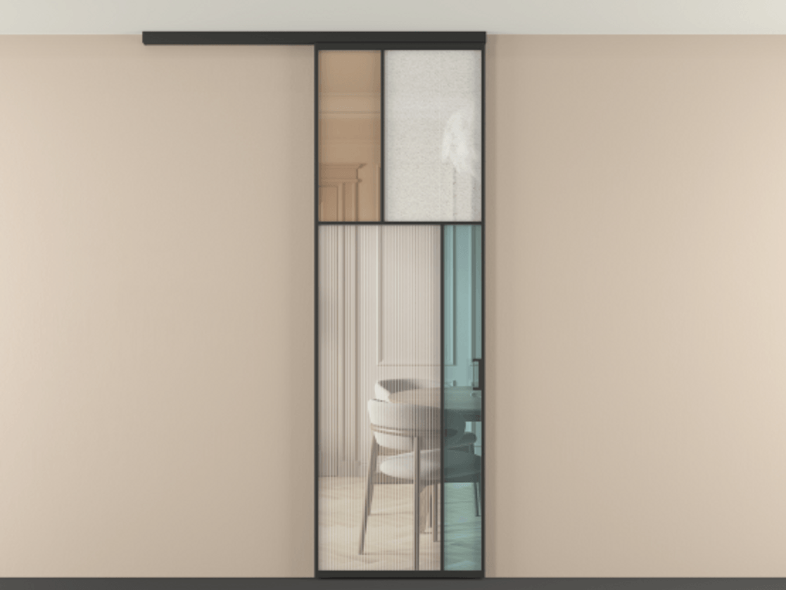 Перегородка Мозаик вдоль стены на потолок 1 створка АЛПР 041.23 Алюминий Черный Комбинация стекол Группы 1 и Группы 3 Цена 197370 сом | Volhovec