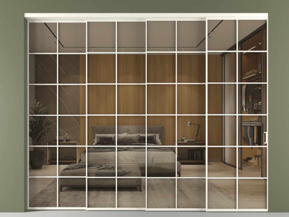 Перегородка Формато внутри проёма 4 створки с синхронным механизмом АЛПР 040.05 Алюминий пудровый белый Рефлективное бронзовое стекло "Стопсол", калёное. Цена 748790 сом 1. Полотно 4 шт. (800/2100 мм)
2. Комплект установки раздвижной системы
3. Базовый комплект фурнитуры
4. Комплект фурнитуры телескопик синхро-3
5. Ручка Рондо. Фабрика дверей Волховец 8 (800) 551 43 19 Перегородка Формато внутри проёма 4 створки с синхронным механизмом АЛПР 040.05 Алюминий пудровый белый Рефлективное бронзовое стекло "Стопсол", калёное Цена 748790 сом | Volhovec