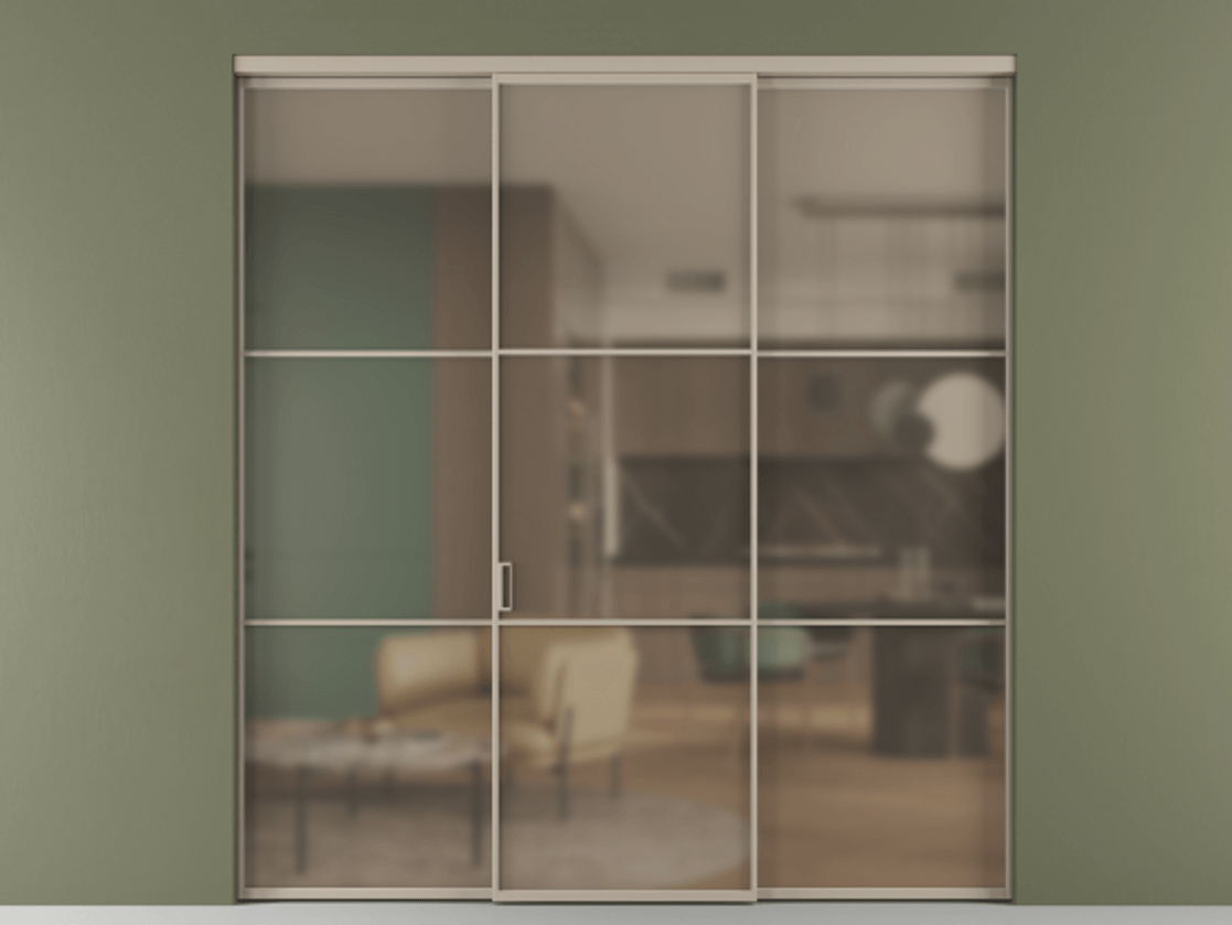 Перегородка Формато внутри проёма 3 створки АЛПР 040.03 Алюминий бисквитный Сатинированное бронзовое стекло, триплекс Цена 345470 сом | Volhovec