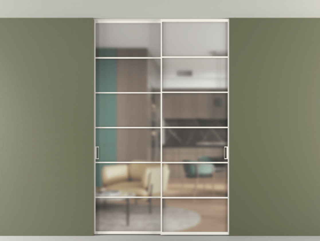 Перегородка Формато внутри проёма скрытое крепление в потолок 2 створки АЛПР 040.04 Алюминий пудровый белый Сатинированное стекло "Мателюкс Кристал Вижн", калёное, матовое, каленое 6 мм Цена 469820 сом | Volhovec