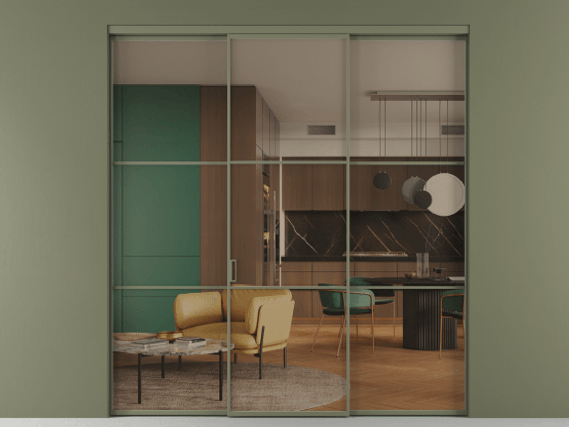 Перегородка Formato внутри проёма 3 створки АЛПР 040.03 Алюминий оливковый тёмный Прозрачное бронзовое стекло, триплекс Цена 345470 сом | Volhovec