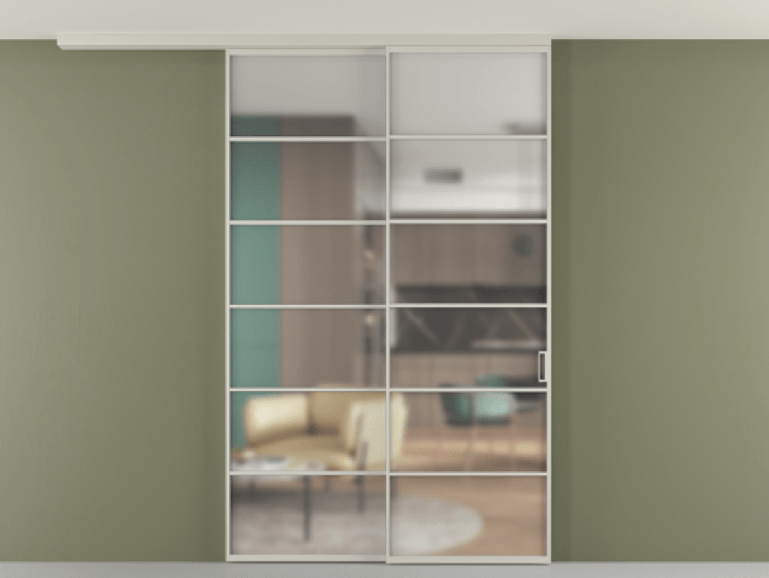 Перегородка Формато вдоль стены на потолок 2 створки с синхронным механизмом АЛПР 040.04 Алюминий тёплый серый Сатинированное стекло "Мателюкс Кристал Вижн", калёное, матовое, каленое 6 мм Цена 501130 сом | Volhovec