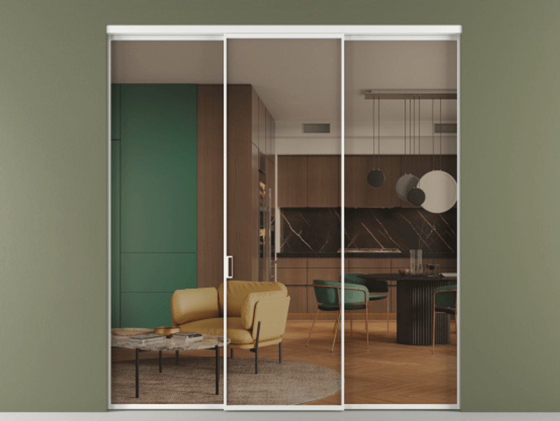 Перегородка Формато внутри проёма 3 створки АЛПР 040.01 Алюминий белоснежный Прозрачное бронзовое стекло, триплекс Цена 327780 сом | Volhovec