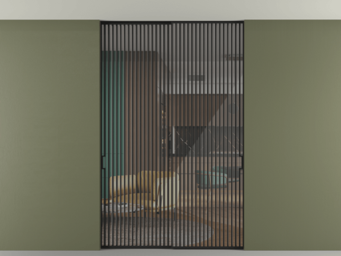 Перегородка Формато внутри проёма скрытое крепление в потолок 2 створки АЛПР 040.06 Алюминий Черный Рефлективное прозрачное стекло "Стопсол", калёное Цена 732160 сом | Volhovec