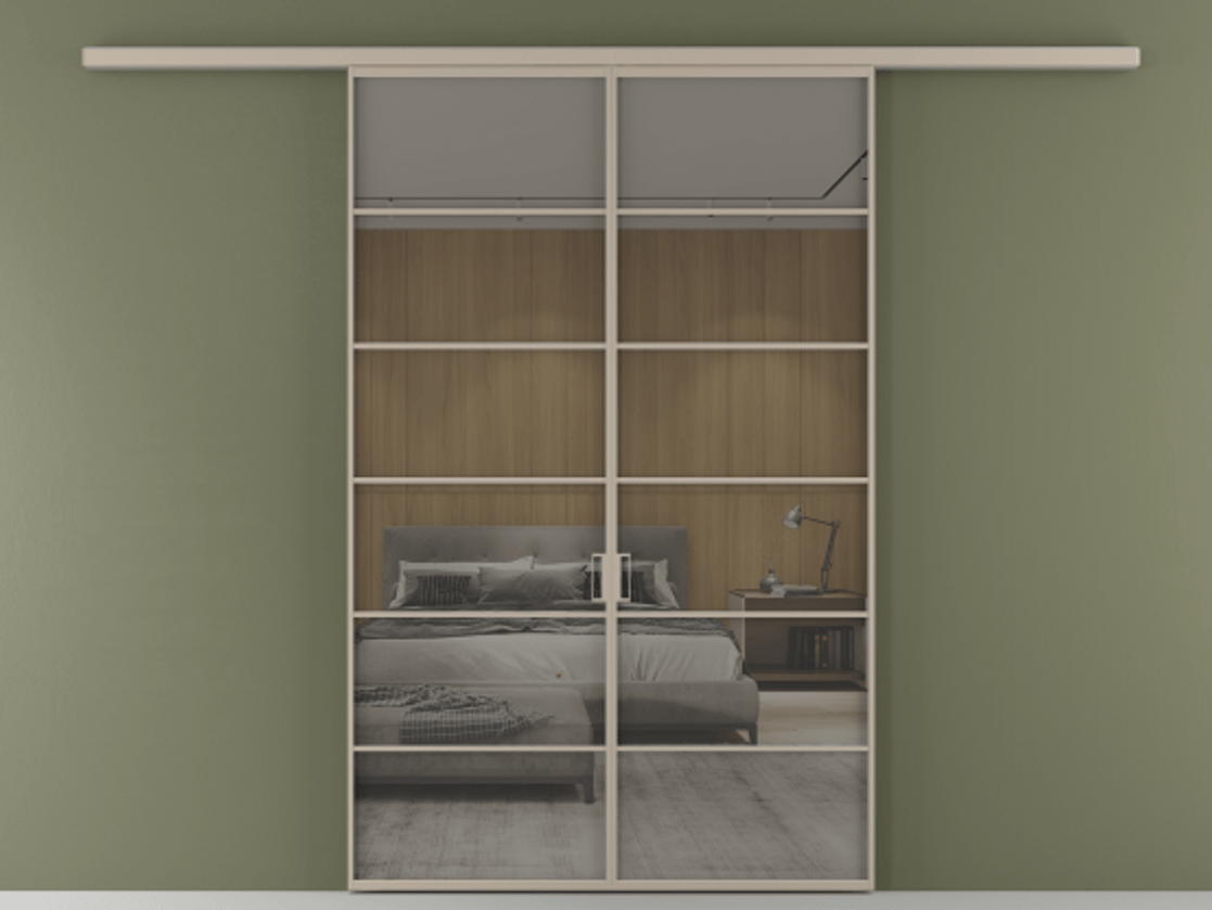 Перегородка Формато вдоль стены 2 створки АЛПР 040.04 Алюминий бисквитный Рефлективное серое стекло "Стопсол", калёное Цена 385260 сом | Volhovec