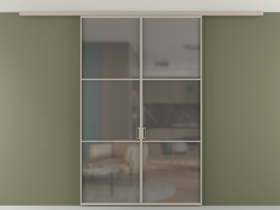 Перегородка Формато вдоль стены на потолок 2 створки АЛПР 040.03 Алюминий бисквитный Сатинированное серое стекло, триплекс Цена 331850 сом | Volhovec