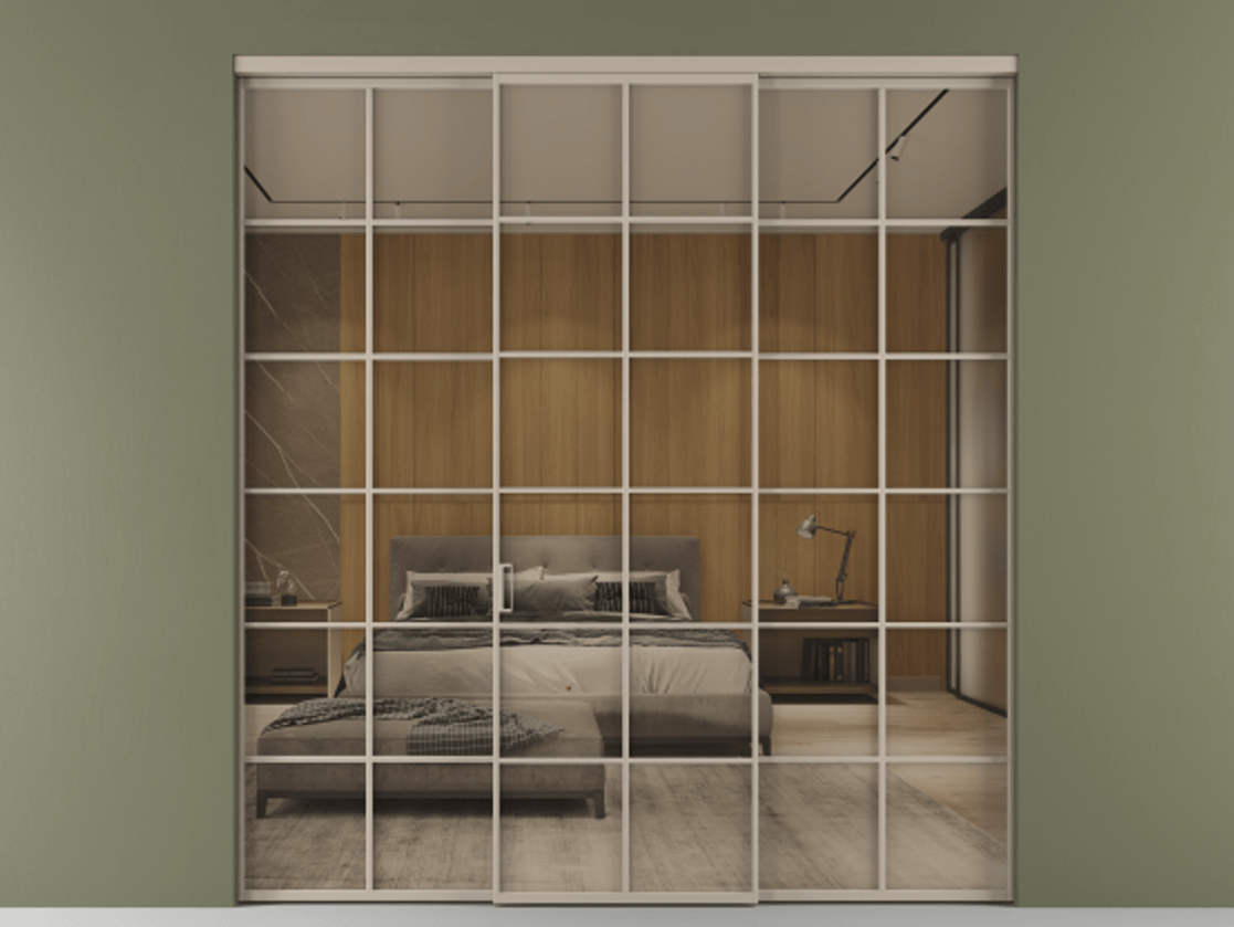 Перегородка Формато внутри проёма 3 створки АЛПР 040.05 Алюминий бисквитный Рефлективное бронзовое стекло "Стопсол", калёное Цена 496500 сом | Volhovec