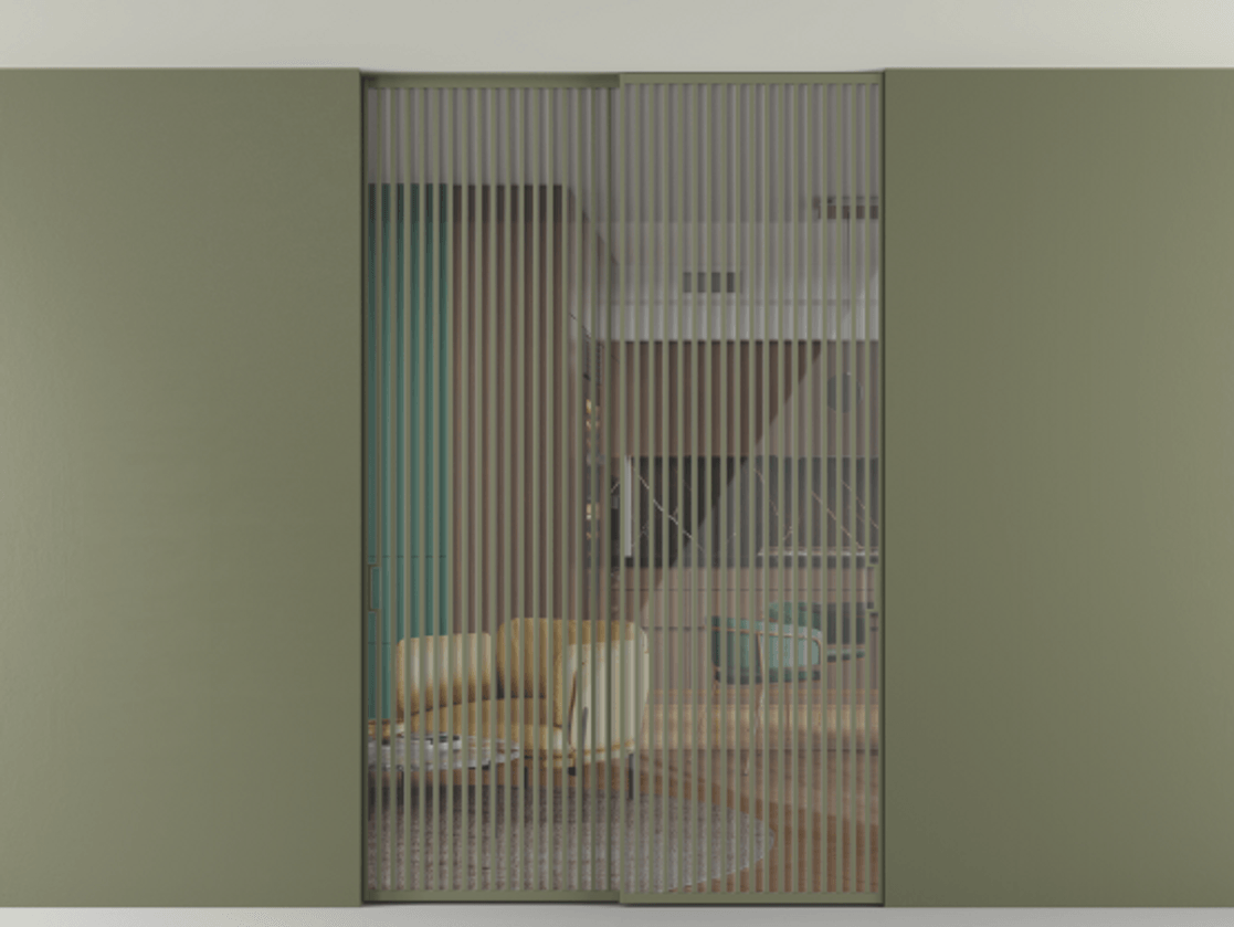 Перегородка Формато внутри проёма скрытое крепление в потолок 2 створки АЛПР 040.06 Алюминий оливковый тёмный Рефлективное прозрачное стекло "Стопсол", калёное Цена 521120 ₽ | Volhovec