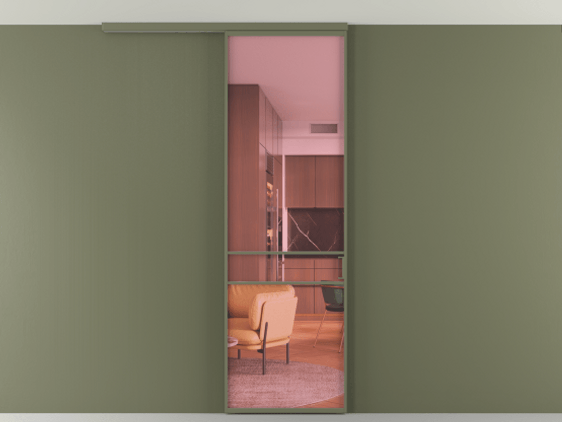 Перегородка Formato вдоль стены на потолок 1 створка АЛПР 040.02 Алюминий оливковый тёмный Прозрачное розовое стекло, триплекс Цена 147040 сом | Volhovec