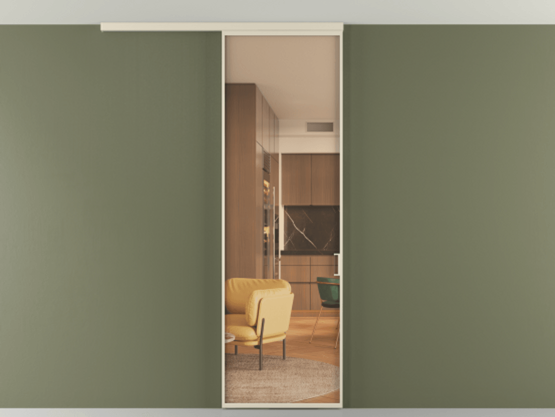 Межкомнатная дверь New Перегородка Formato вдоль стены на потолок одностворчатая АЛПР 040.01 Алюминий бежево-серый Прозрачное оранжевое стекло, триплекс Цена 162450  | Volhovec