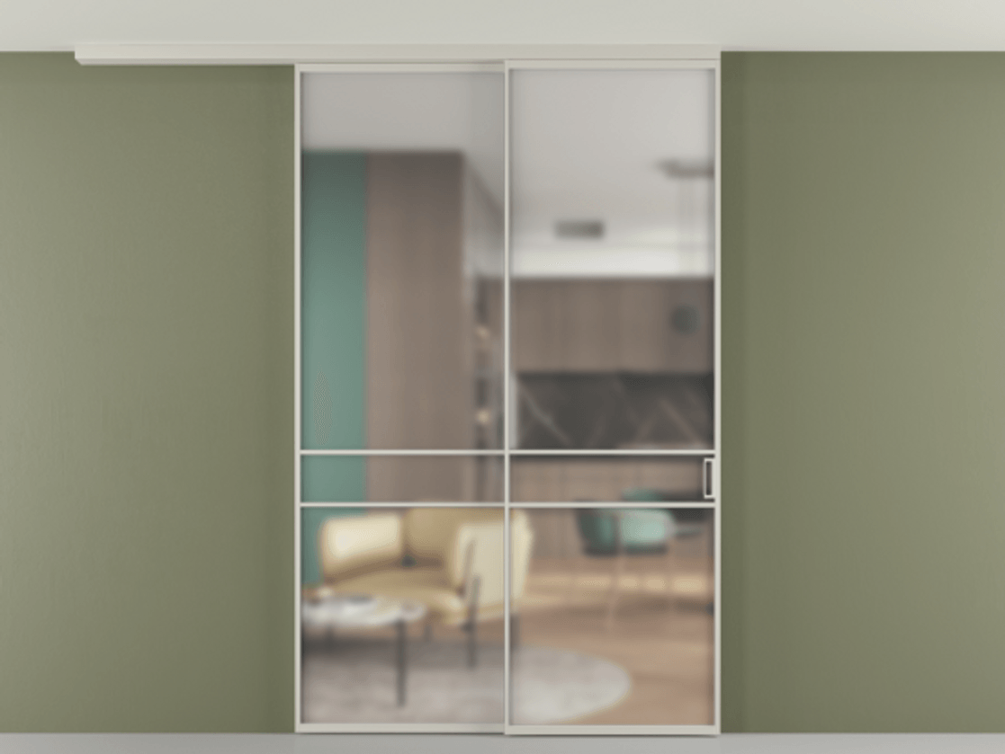 Перегородка Формато вдоль стены на потолок 2 створки с синхронным механизмом АЛПР 040.02 Алюминий тёплый серый Сатинированное стекло "Мателюкс Кристал Вижн", калёное, матовое, каленое 6 мм Цена 476140 сом | Volhovec