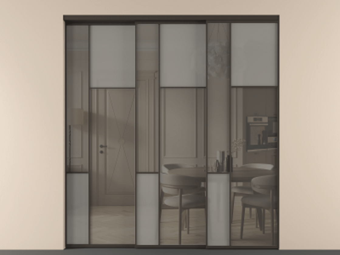 Перегородка Mosaic внутри проёма 3 створки с синхронным механизмом АЛПР 041.11 Алюминий антрацит Сатинированное серое стекло, триплекс, 6 мм + Прозрачное серое стекло, триплекс Цена 636840 сом | Volhovec