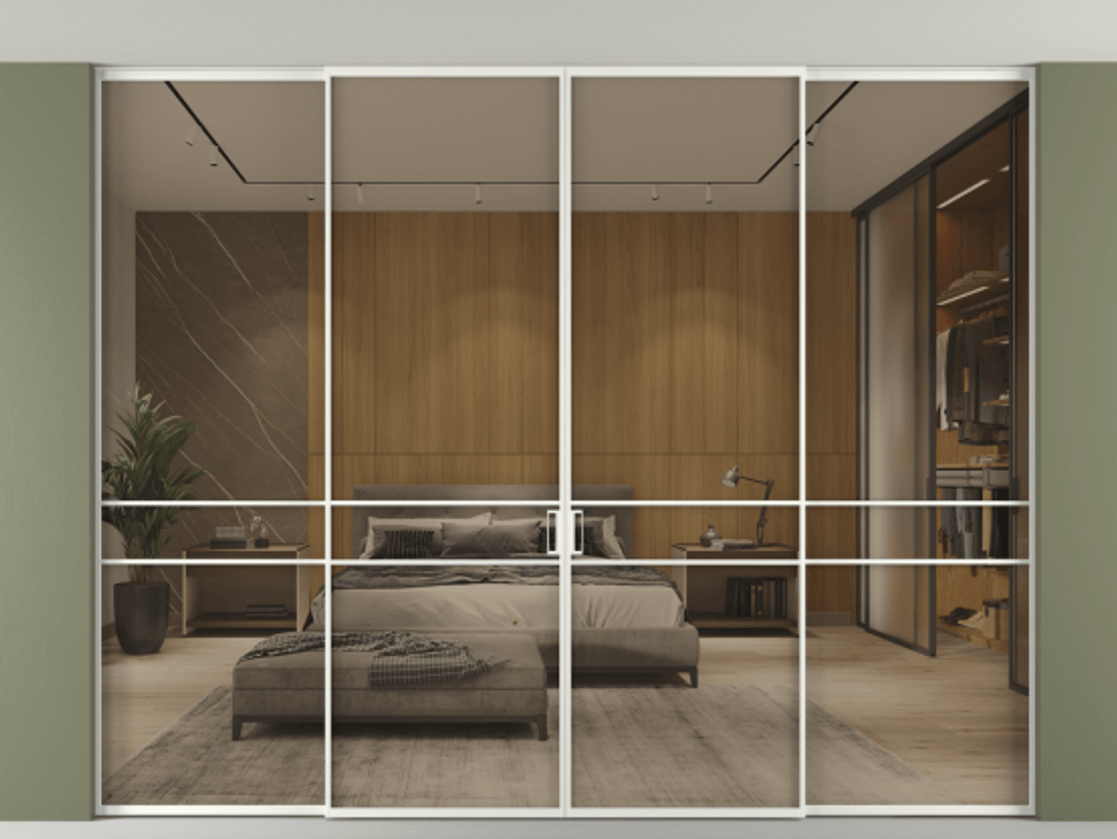 Перегородка Formato внутри проёма скрытое крепление в потолок 4 створки АЛПР 040.02 Алюминий светло-серый Рефлективное бронзовое стекло "Stopsol", калёное Цена 808280 сом | Volhovec